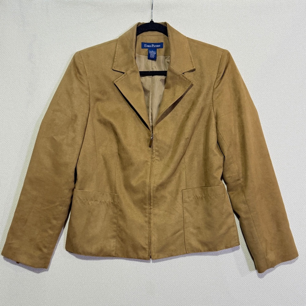 Evan Picone Women's Tan‎ Faux Suede Blazer Jacket Size 10 Zippered Pockets